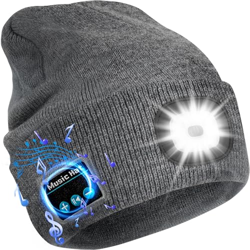 Deilin Männergeschenk Bluetooth Mütze mit Licht, Unisex Bluetooth Music Mütze mit wintermütze mit licht Camping Geschenke (Grau) von Deilin