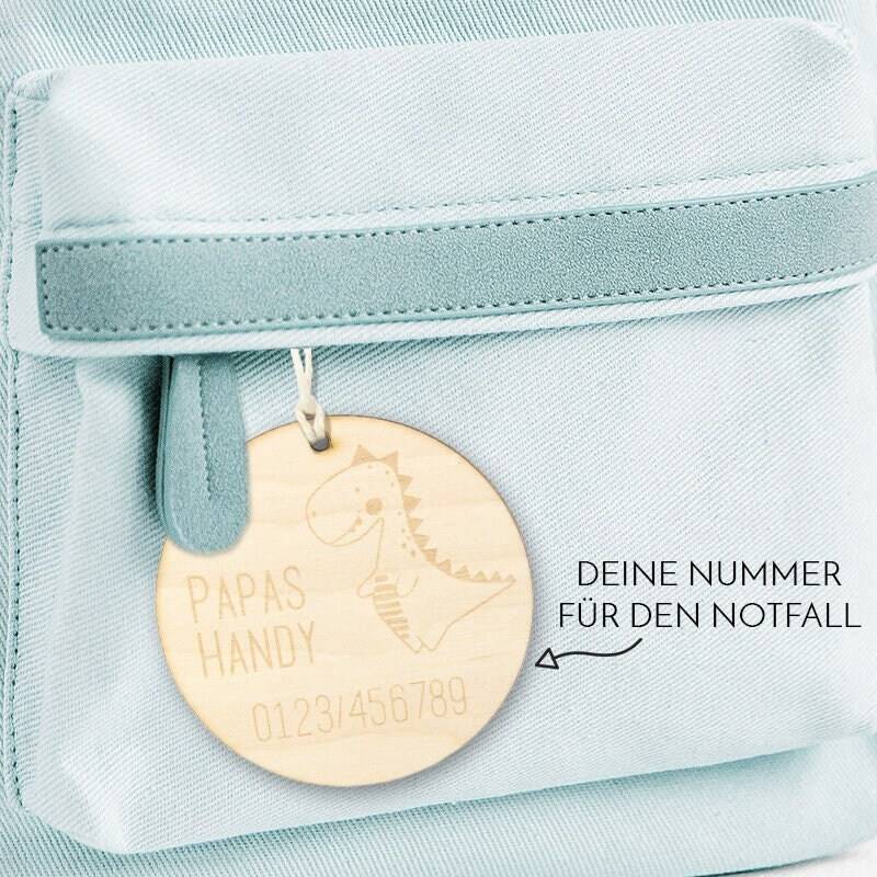 Anhänger Holz | Notfallnummer Dino Personalisierter Schulranzen Notfallanhänger von DeinLieblingsteil