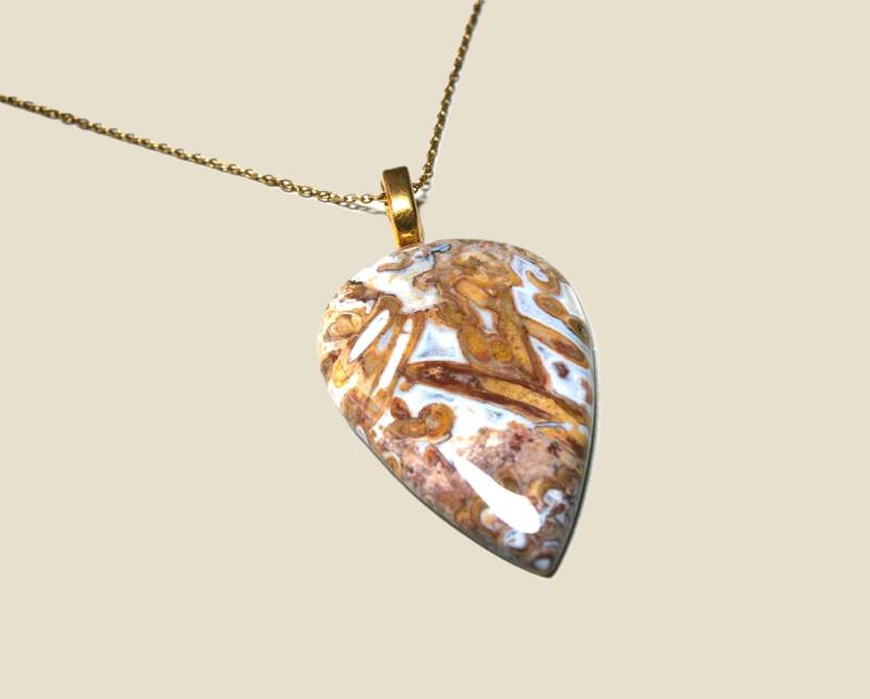 Halskette Mit Landschafts Jaspis Vergoldete Kette Edelstein Tropfen Anhänger, Braun-Grau von DeineSchmuckFreundin