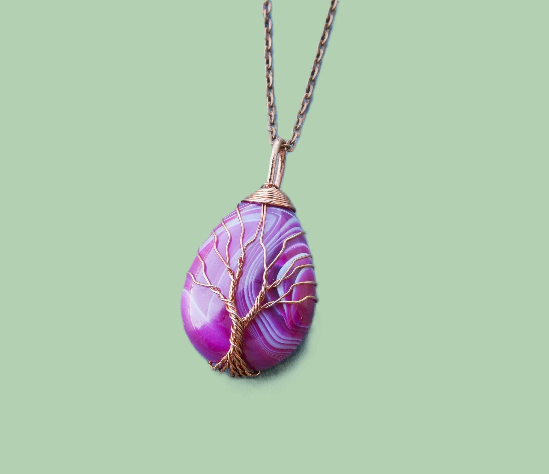 Halskette Mit Streifenachat Edelstein Kette, Achat Anhänger Lila Pink, Lebensbaum Kupfer Halskette Mit Streifenachat Edelstein Kette, Achat Anhänger Lila Pink, Lebensbaum Kupfer von DeineSchmuckFreundin