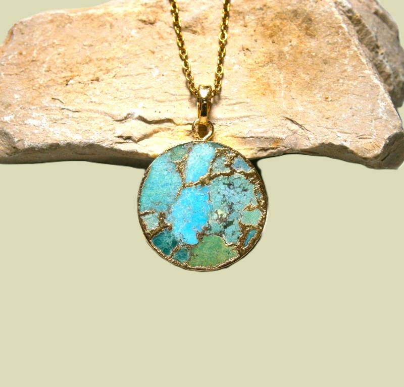 Halskette Mit Türkisfarbenem Kintsugi Jaspis Anhänger Vergoldete Kette Meeressediment-Jaspis, Runder Edelstein Halskette Mit Türkisfarbenem Kintsugi Jaspis Anhänger Vergoldete Kette Meeressediment-Jaspis, Runder Edelstein von DeineSchmuckFreundin