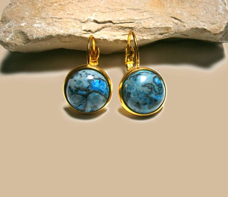 Ohrringe Mit Blau-Grauem Jaspis, Goldene Ohrhänger Meeressediment-Jaspis, Edelsteinohrringe von DeineSchmuckFreundin