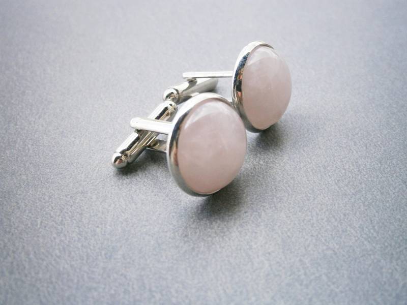 Silberne Manschettenknöpfe Mit Rosenquarz Edelstahl-Manschettenknöpfe Rosa Edelsteinen, Runde Natursteine von DeineSchmuckFreundin