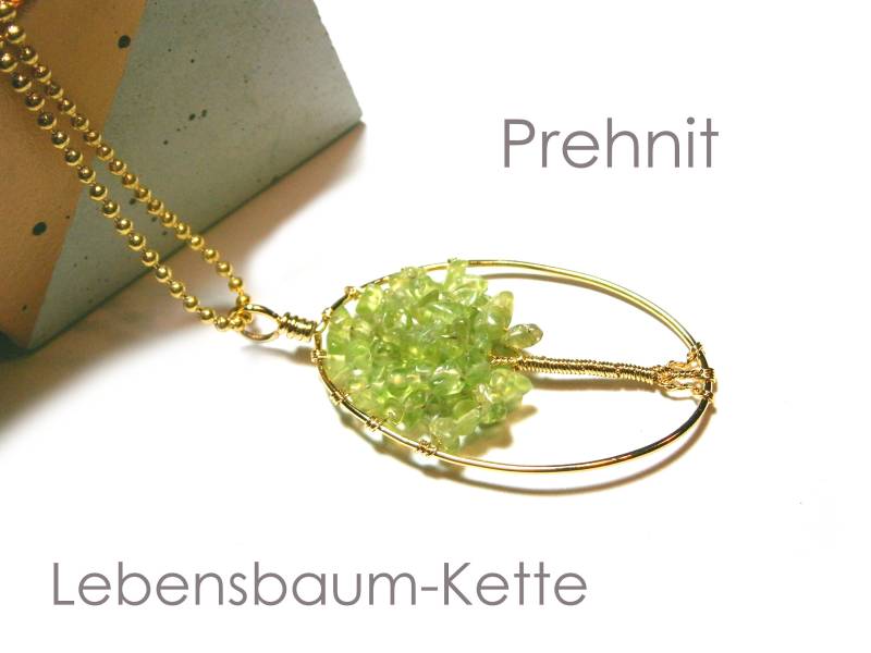 Vergoldete Lebensbaum Halskette Mit Grünen Prehnit Edelstein Splittern, Baum Des Lebens Kette Auch Versilbert von DeineSchmuckFreundin
