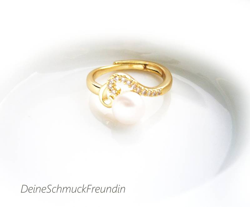 Zuchtperlen Ring Vergoldet, Weißer Perlenring Mit Zirkonia, Verstellbarer Fingerring, Solitär-Ring Echter Perle in Aaa Qualität von DeineSchmuckFreundin