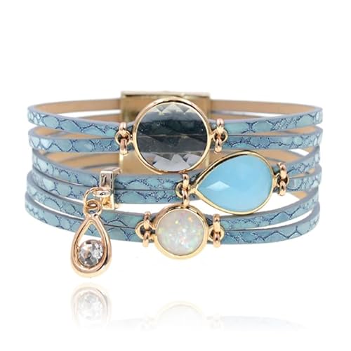 Blau Gold Leder Multilayer Boho Damen Armband mit Charms und Glasstein von Deja Jewels