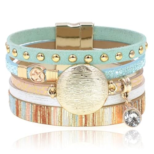 Blaue Multicolor Leder Damen Armband Ibiza Stil mit Charms und Nieten von Deja Jewels