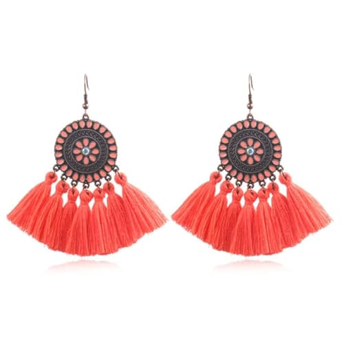 Böhmische Ibiza Ohrringe Anhänger mit Baumwollquasten Farbe rosa von Deja Jewels