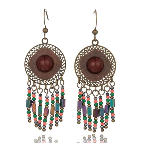 Böhmische Ohrringe - Rund, brauner Stein und bunte Perlen von Deja Jewels