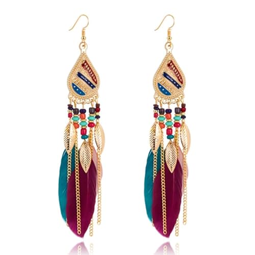 Böhmische Ohrringe mit mehrfarbigen Federn und Perlen 135 mm von Deja Jewels
