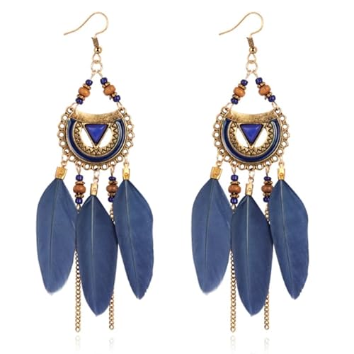 Böhmische Ohrringe rund mit blauen Federn und Perlen 105 mm von Deja Jewels