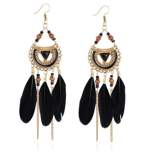 Böhmische Ohrringe rund mit schwarzen Federn und Perlen 105 mm von Deja Jewels