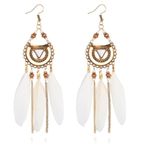 Böhmische Ohrringe rund mit weißen Federn und Perlen 105 mm von Deja Jewels