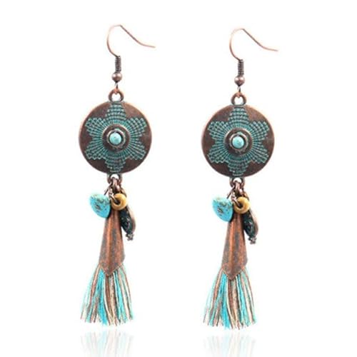 Bronze Ohrringe grün mit türkisfarbenem Stein, Quaste und Amulett von Deja Jewels