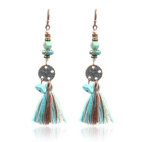 Bronze Ohrringe mit Münze, Quaste und türkisfarbenen Steinen von Deja Jewels