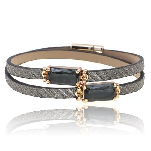 Damen Leder Boho Style Armband in Schwarz und Gold mit 2 Glassteinen von Deja Jewels