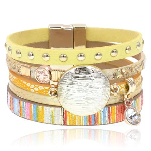 Gelb Multicolor Leder Damen Armband Ibiza Stil mit Charms und Nieten von Deja Jewels