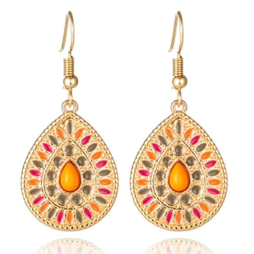 Goldfarbene Bohemian Tropfenform Damen Ohrringe Multicolor Orange Stein von Deja Jewels