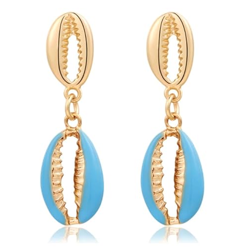 Goldfarbene Damen Ohrringe Anhänger mit doppelten blauen Muscheln von Deja Jewels