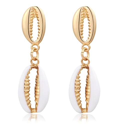 Goldfarbene Damen Ohrringe Anhänger mit doppelten weißen Muscheln von Deja Jewels