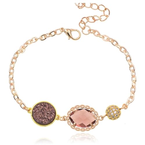 Goldfarbenes verstellbares Damenarmband mit rosa Glasstein von Deja Jewels