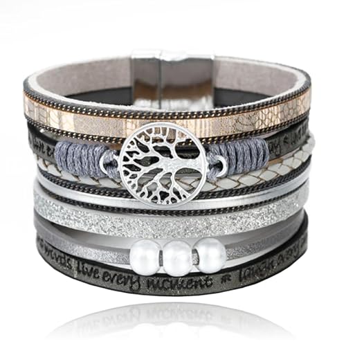 Graue Damen Armband Ibiza Stil mit Perlen und Baum des Lebens von Deja Jewels