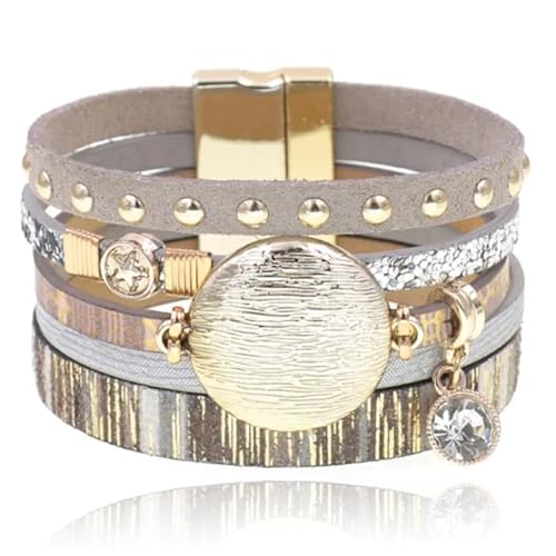 Graue Multicolor Leder Damen Armband Ibiza Stil mit Charms und Nieten von Deja Jewels