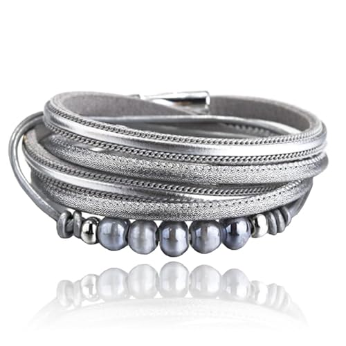 Graues mehrschichtiges Boho Armband rund genäht PU-Leder und Perlen von Deja Jewels