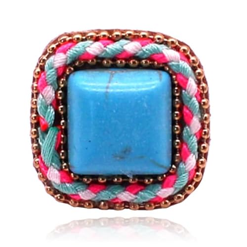 Handgefertigte verstellbare quadratische Multicolor Ring aus Leder mit Seil und Türkis von Deja Jewels