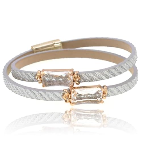 Leder Boho Stil Damen Armband in Weiß und Gold mit 2 Glassteinen von Deja Jewels