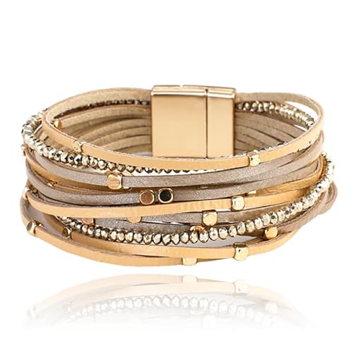 Leder Champagner Boho Damen Armband mit Perlen und Strass von Deja Jewels