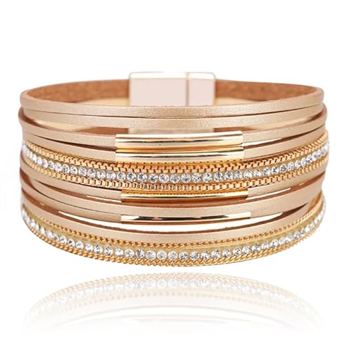 Leder Gold Multilayer Damen Armband mit Magnetverschluss und Strass von Deja Jewels