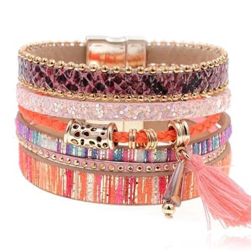 Leder Multicolor Rosa Bohemian Damen Armband mit Charm und Quaste von Deja Jewels