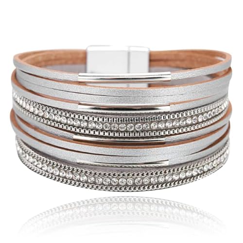Leder Silber Multilayer Damen Armband mit Magnetverschluss und Strass von Deja Jewels