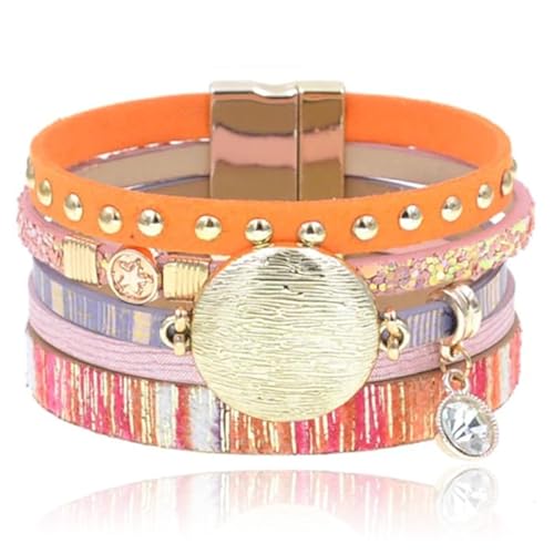 Orange Multicolor Leder Damen Armband Ibiza Stil mit Charms und Nieten von Deja Jewels