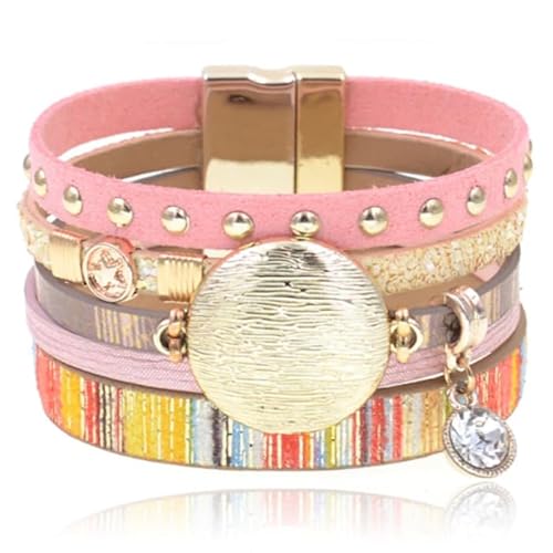 Rosa Multicolor Leder Damen Armband Ibiza Stil mit Charms und Nieten von Deja Jewels