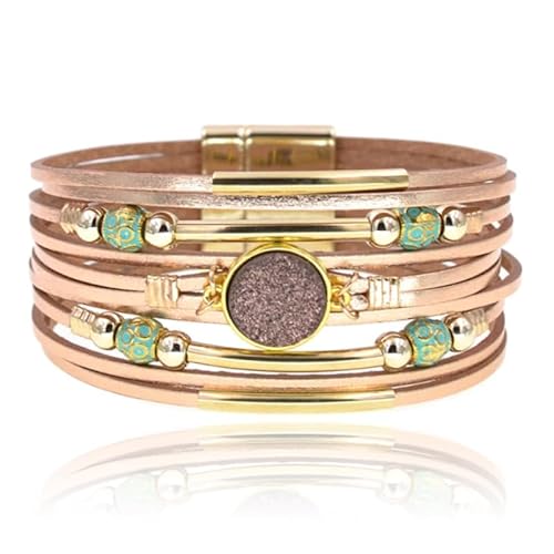 Roségoldfarbenes mehrschichtiges Leder Damen Armband mit Stein und Perlen von Deja Jewels
