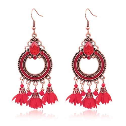 Rote goldfarbene runde Damen Ohrringe mit Quasten und Stein von Deja Jewels