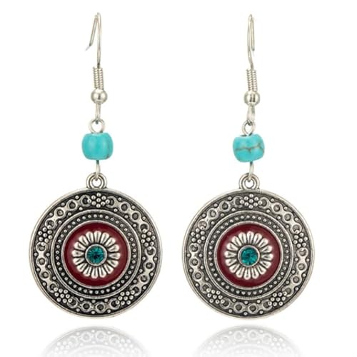 Runde silberfarbene Ibiza Damen Ohrringe rot und türkis Details von Deja Jewels