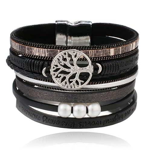 Schwarz Damen Armband Ibiza Stil mit Perlen und Baum des Lebens von Deja Jewels