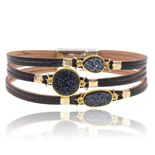 Schwarz mit goldfarbenem Leder Boho Damen Armband mit Glitzer Steine von Deja Jewels