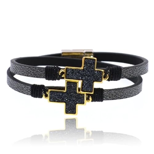 Schwarzes Leder Wickelarmband für Damen mit schwarzen Kreuzen von Deja Jewels