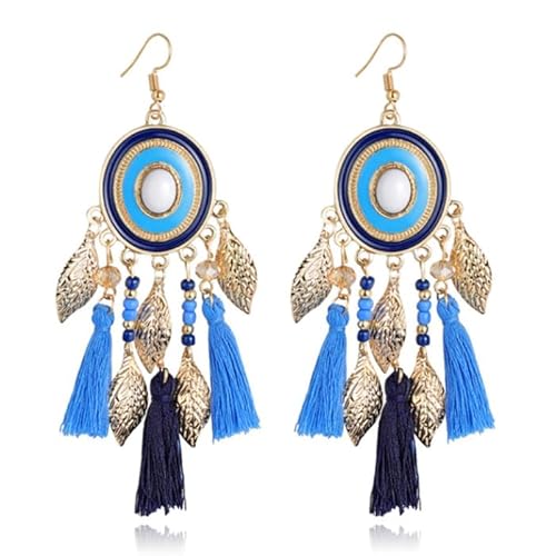 Statement Ohrringe mit runden Anhänger, Charms und Quasten - Blau von Deja Jewels