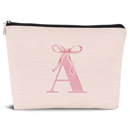 Dejfel Make-up-Tasche mit Monogramm für Damen, rosa Schleife, Kosmetiktasche, adrette Make-up-Tasche, ästhetische Make-up-Tasche, Kokette, adrette Sachen, Mädchen-Make-up-Tasche mit Reißverschluss, von Dejfel