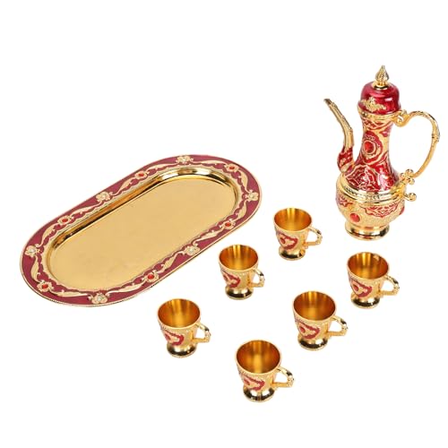 Dekaim Vintage-Kaffeekannen-Set, Retro-Metalltopf-Tablett-Set, Wasserdichtes Weintopf-Set aus Zinklegierung Für Party, Treffen, Hochzeit, Abendessen(Gold und Rot) von Dekaim