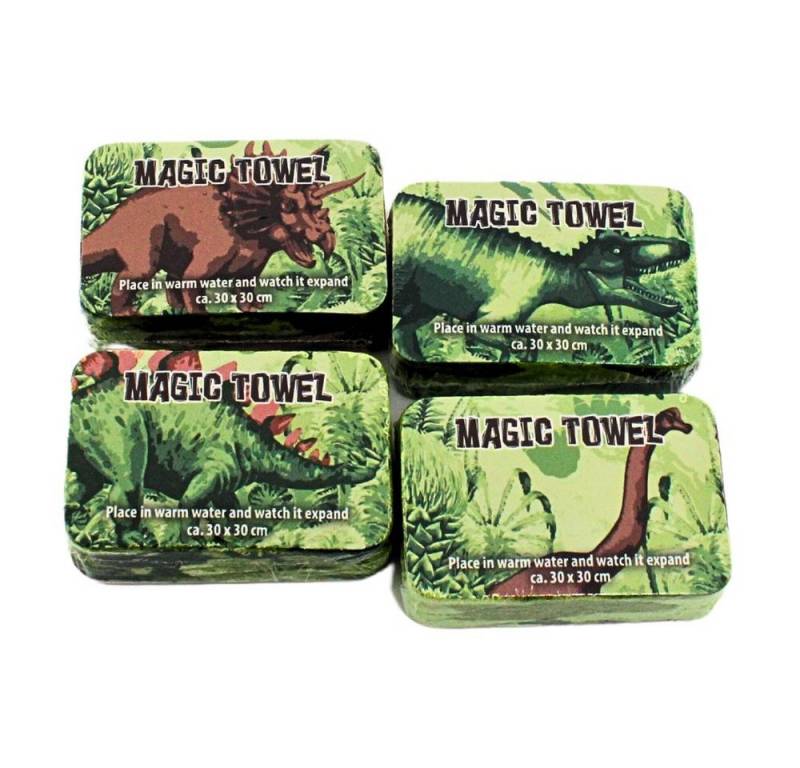 Dekohelden24 Tragetasche Magisches Baumwoll - Handtuch im 4er Set als Dinosaurier, Größe H/B ca. 30 x 30 cm von Dekohelden24