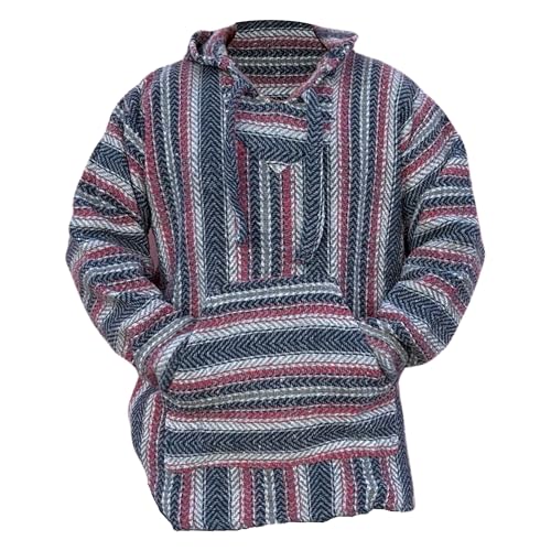 Del Mex Deluxe Mexican Baja Hoodie Sweatshirt Pullover Jerga Surf Poncho Drogenteppich, Grau/Lachs, X-Large von Del Mex