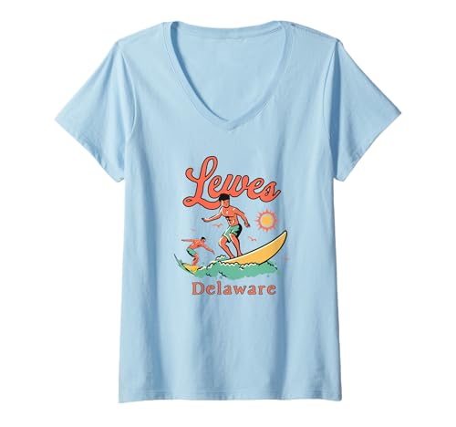 Damen Delaware Lewes Surfer DE Surfen Strand Boardwalk Urlaub T-Shirt mit V-Ausschnitt Damen Delaware Lewes Surfer DE Surfen Strand Boardwalk Urlaub T-Shirt mit V-Ausschnitt von Delaware Surfer Surfing Wear