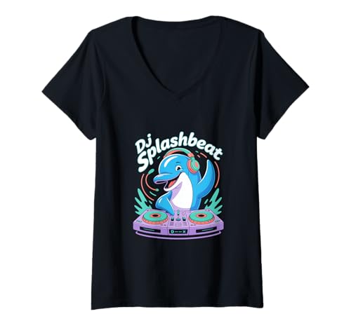 Damen DJ Splashbeat Delfin DJ Party Strand Festival Club T-Shirt mit V-Ausschnitt von Delfin DJ Musik Rave Clubbing Kopfhörer