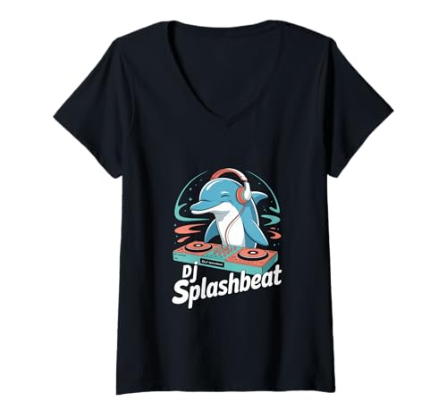 Damen DJ Splashbeat Delfin DJ Musik Plattenspieler Party T-Shirt mit V-Ausschnitt von Delfin Musik Meer Humor Club Sound Wellen